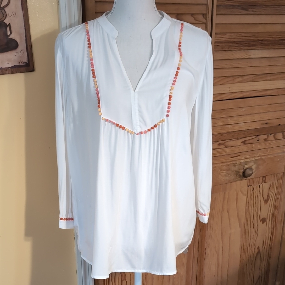 NWT LOFT White Long Sleeve Top Orange Ombre Trim Size M
